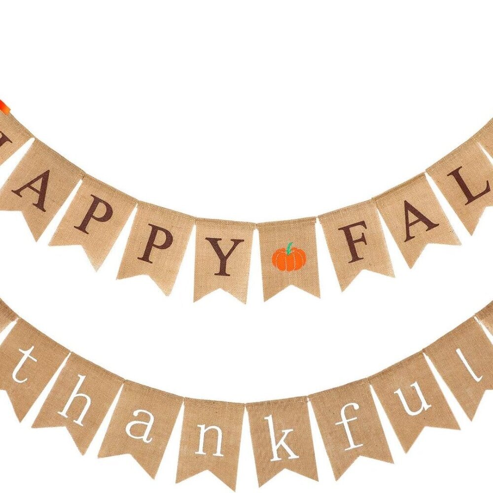 2 Pieces Happy Fall Banner Thankful Banner Burlap Thanksgiving Banner for Mantle